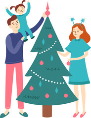 Happy family decorating christmas tree together at home, father holding daughter on his shoulders placing star on top, mother hanging baubles, festive winter holidays celebration