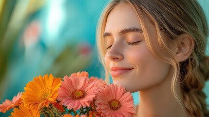 Naklejka premium Woman Smiling Peacefully While Holding a Bright Bunch of Flowers