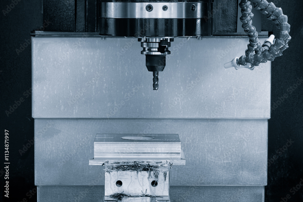 Poster A machine with a drill bit attached to it. drill bit is in the middle of the machine and is surrounded by a silver casing. machine appears to be used for drilling holes or cutting materials