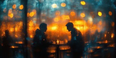 Blurred Business Meeting at an Urban Office Party with Silhouettes and Bokeh Lights