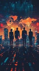 Silhouetted Figures Stand United Against a Vibrant Skyline, Symbolizing Collaboration in a Digital World Illuminated by a Global Map