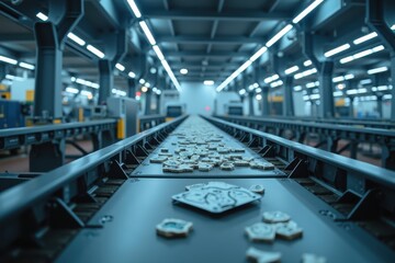 Industrial Production Line with Machinery and Conveyor Systems, Showcasing Items on a Modern Assembly Line in a Well-Lit Factory Environment