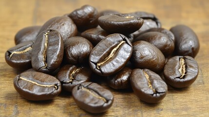 Fototapeta premium Close-Up of Freshly Roasted Coffee Beans Scattered on Wooden Table
