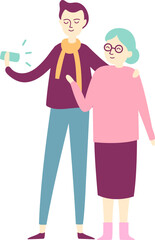 Young caregiver showing smartphone to elderly woman with arm around her shoulder, representing the bond between generations and the sharing of new technologies