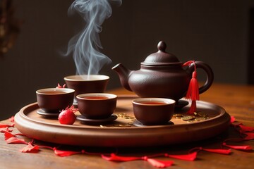 Fototapeta premium Traditional Chinese Tea Set with Steaming Teapot and Cups Celebrating the New Year on a Wooden Tray Surrounded by Red Tassels and Decorations