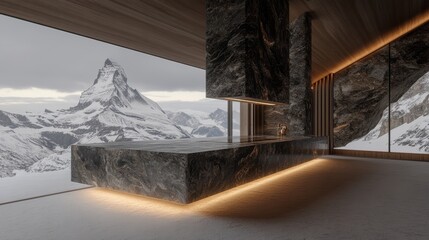Modern Kitchen Design Highlighting Stunning Mountain Views in an Alpine Retreat, Blending Luxury With Nature During a Serene Winter Morning
