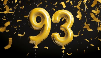 Yellow birthday / anniversary balloon, number 93, black background with confetti