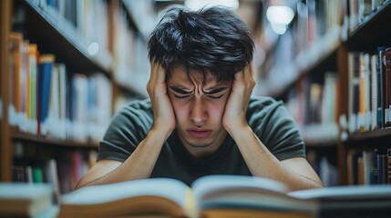 Student man with anxiety because of exams, stressed while studying in the library 