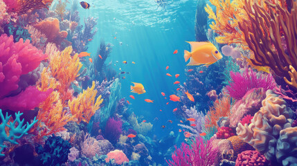 vibrant coral reef teeming with colorful fish and marine life