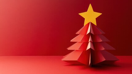 Fototapeta premium Vibrant Red Christmas Tree with Yellow Star on a Bold Red Background