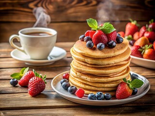 Delicious Stack of Fluffy Pancakes Topped with Fresh Berries and Accompanied by a Hot Cup of Coffee on a Rustic Wooden Table for Breakfast or Brunch Inspiration