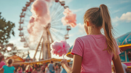 Obraz premium girl holding cotton candy at amusement park, enjoying summer fun