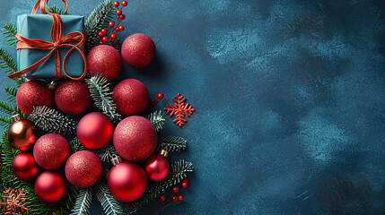 Red Christmas Balls and Gift Box  on Blue Background Copy Space 