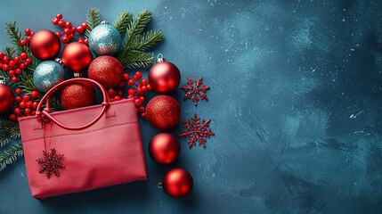 Red Christmas Balls and Gift Box  on Blue Background Copy Space 