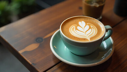 Hot coffee latte with latte art milk foam in cup mug on wood desk on top view. As breakfast In a coffee shop at the cafe,during business work concept,vintage style