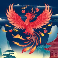 Obraz premium Majestic phoenix soaring above serene mountains and tranquil waters in traditional Asian art style