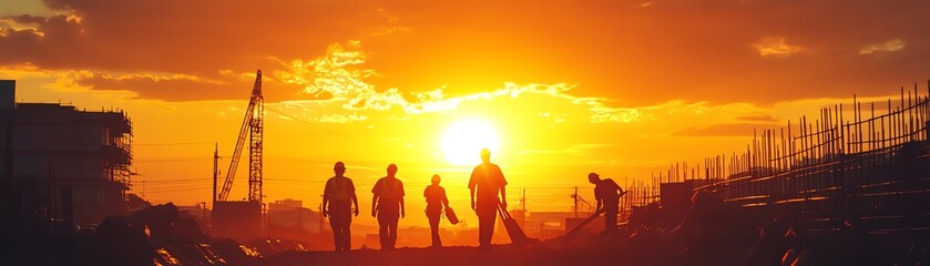 Fototapeta premium Silhouettes of construction workers pouring concrete at a building site during a vibrant sunset, teamwork and industrial labor highlighted in warm golden tones, ultradetailed