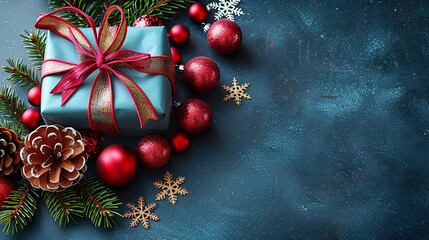 Red Christmas Balls and Gift Box  on Blue Background Copy Space 