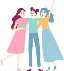 Three cheerful female friends are hugging, celebrating their bond and enjoying a moment of togetherness, with one raising her arm in excitement