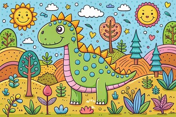 Delightful Kids Coloring Page Featuring a Cute Cartoon Dinosaur Surrounded by Fun Elements, Perfect for Creative Activities and Imaginative Playtime