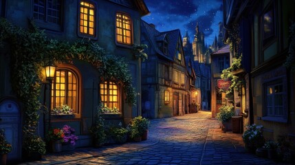 Obraz premium Charming Nighttime Street in an Enchanted Medieval Village Scene