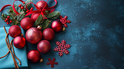 Red Christmas Balls and Gift Box  on Blue Background Copy Space 