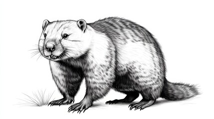 Fototapeta premium Marmot Sketch Isolated on White - Detailed sketch of a marmot, showcasing its fur texture, powerful stance, and alert expression. Symbolizing resilience, wildlife, nature, strength, and wilderness.