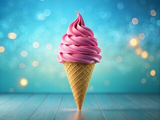 Delightful Pink Ice Cream Cone on a Vibrant Blue Background Perfect for Summer Desserts – A Refreshing Treat Captured with the Rule of Thirds for Visual Appeal