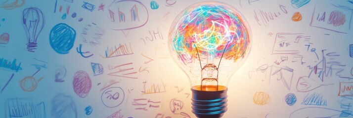 A glowing light bulb surrounded by colorful doodles symbolizes creativity, reflecting diverse ideas about goal setting, selfimprovement, and personal growth that inspire individuals