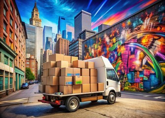 Delivery Truck Loaded with Cardboard Boxes for Fashion Photography Shoot in Urban Setting, Showcasing Modern Logistics and Trendy Packaging, Ideal for E-Commerce and Shipping Concepts