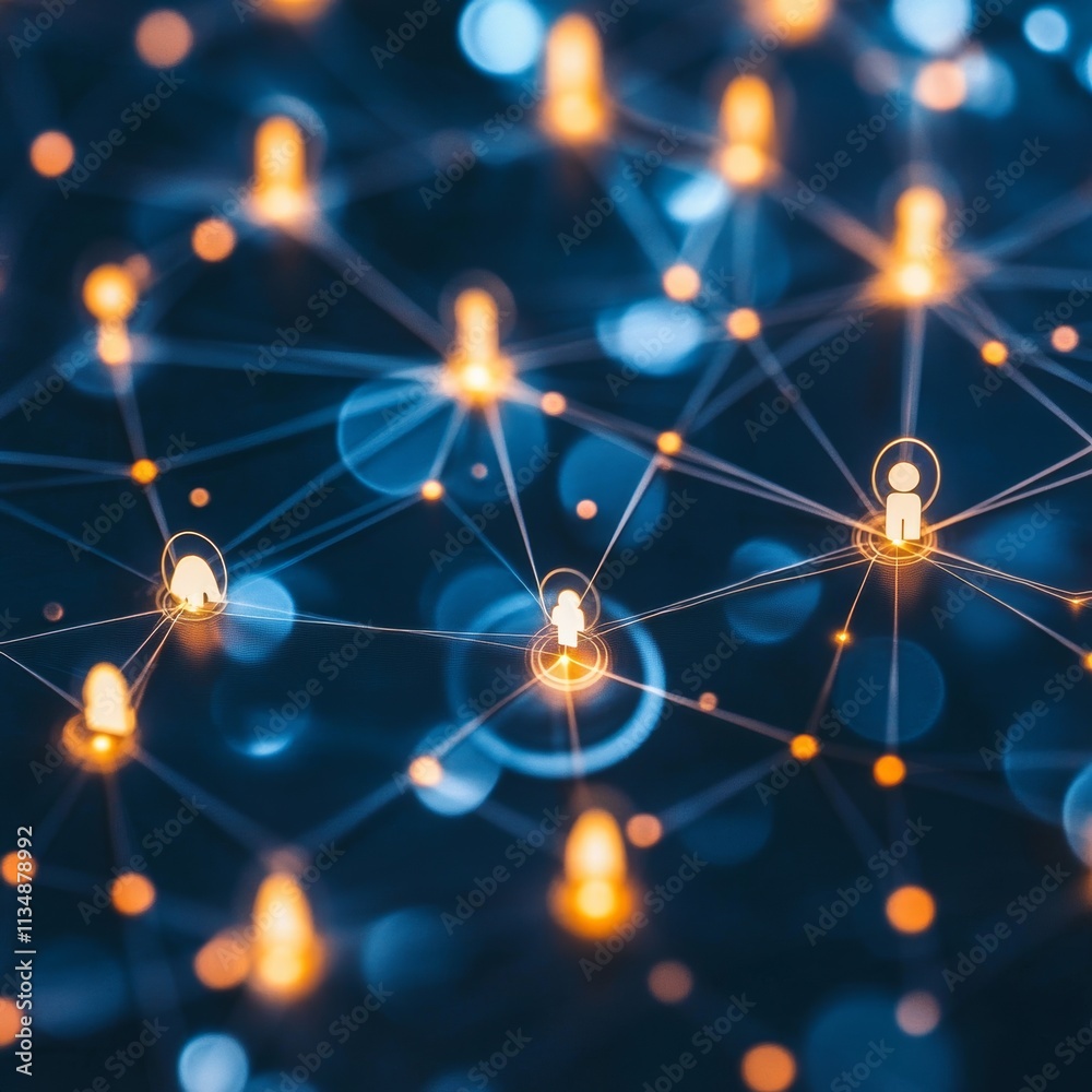 Poster connecting people in a digital network filled with glowing nodes and vibrant lights representing com
