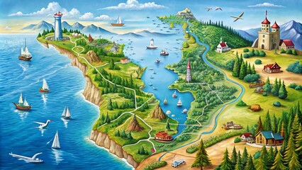 Detailed Architectural Photography of a West Coast Region Map Illustration Showcasing Coastal Landmarks, Urban Areas, and Natural Features in a Vibrant and Artistic Style