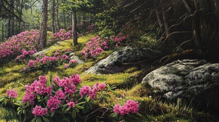 Vibrant Alpine Field with Blooming Azaleas Surrounded by Lush Greenery and Rocky Outcrops in a Scenic Natural Landscape