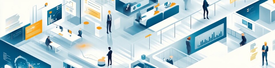 Modern Workplace Design Showcasing Collaborative Spaces and Advanced Technology in a Vibrant Office Environment