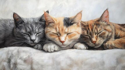 Fototapeta premium Three adorable cats peacefully resting together in a cozy, tranquil setting showcasing their unique fur patterns and colors.