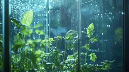 Fototapeta premium Vibrant green plants growing in a modern indoor farm, illuminated by advanced lighting for tech skills training in sustainable agriculture.
