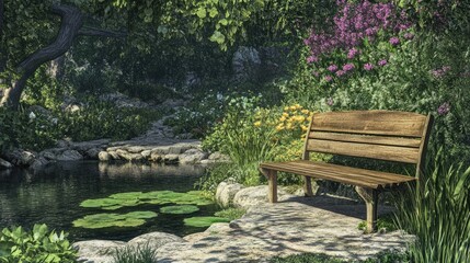 Serene garden scene featuring a wooden bench by a stone-lined pond surrounded by vibrant flowers and lush greenery