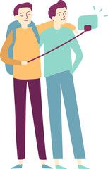 Two joyful male tourists, backpacks slung over their shoulders, capturing travel memories with a selfie stick, radiating happiness and excitement during their adventure together