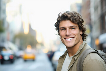 Fototapeta premium Smiling man walks through urban street on a sunny day