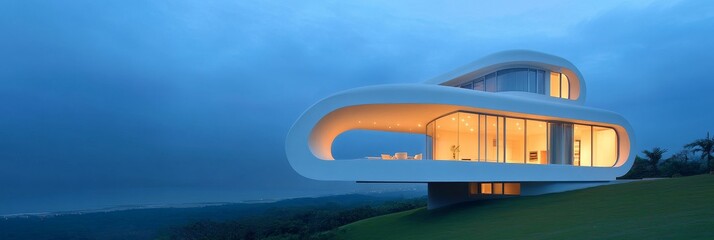 Fototapeta premium Modern Green Architectural Design: Hillside Haven - Futuristic home design, sustainable architecture, eco-friendly materials, panoramic views, tranquil setting. Represents modern living, nature integ