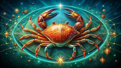 Detailed Representation of the Cancer Constellation with a Nurturing Crab on a Teal Background, Symbolizing Home, Family, and Protection in a Rule of Thirds Composition