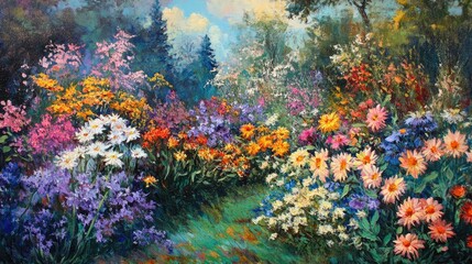 Vibrant garden full of colorful asters and flowers creating a picturesque landscape with a bright blue sky and lush greenery.