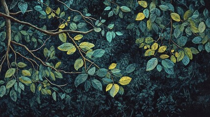 Lush Green Leaves and Twisted Branches in a Serene Forest Canopy Background