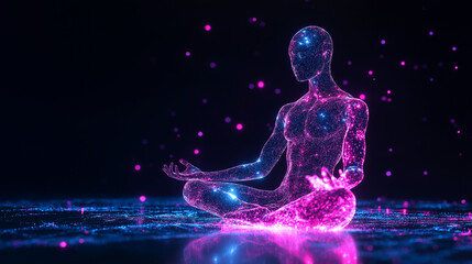 Futuristic glowing pink and blue figure meditating in lotus position amidst a cosmic digital space with floating particles of light