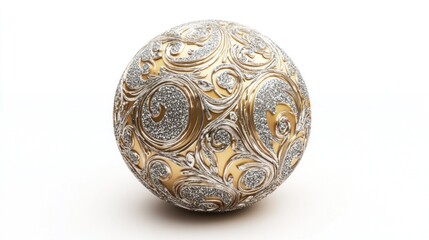 Detailed golden Christmas ball with silver glitter, embossed patterns, and a shimmering surface, isolated against a clean white background.