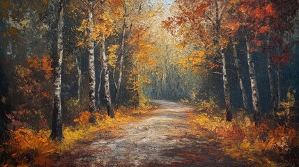 Obraz premium Autumn pathway surrounded by vibrant foliage in a serene forest landscape with rich colors and warm sunlight filtering through the trees
