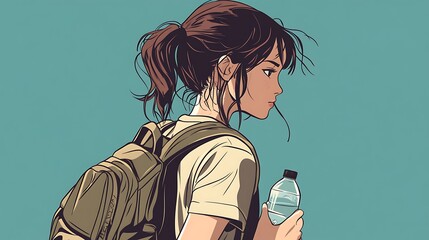 Vector illustration of a girl with a backpack and a bottle of water 