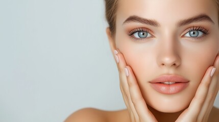 Woman with blue eyes and nude makeup. Clean beauty concept