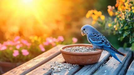 Colorful Budgerigar Feeding Seeds Vibrant