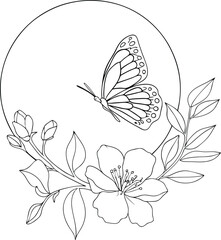 Vintage Floral Frame With Butterfly One Line Art Drawing Illustration